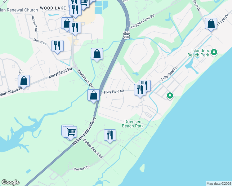map of restaurants, bars, coffee shops, grocery stores, and more near 109 Sandcastle Court in Hilton Head Island