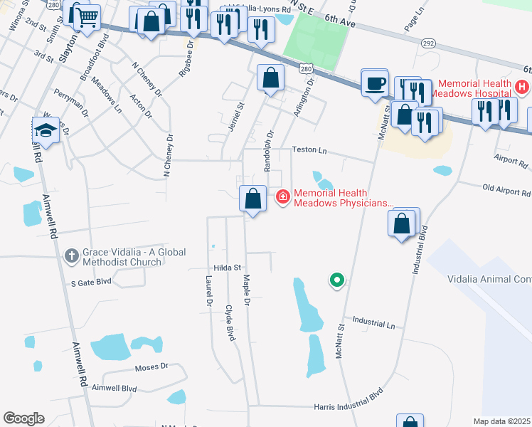 map of restaurants, bars, coffee shops, grocery stores, and more near 1805 Edwina Drive in Vidalia