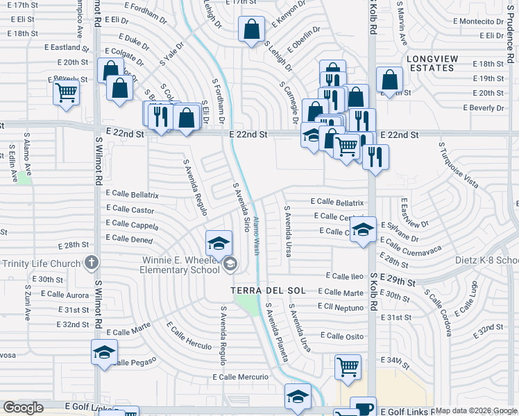 map of restaurants, bars, coffee shops, grocery stores, and more near 1617 South Avenida Sirio in Tucson