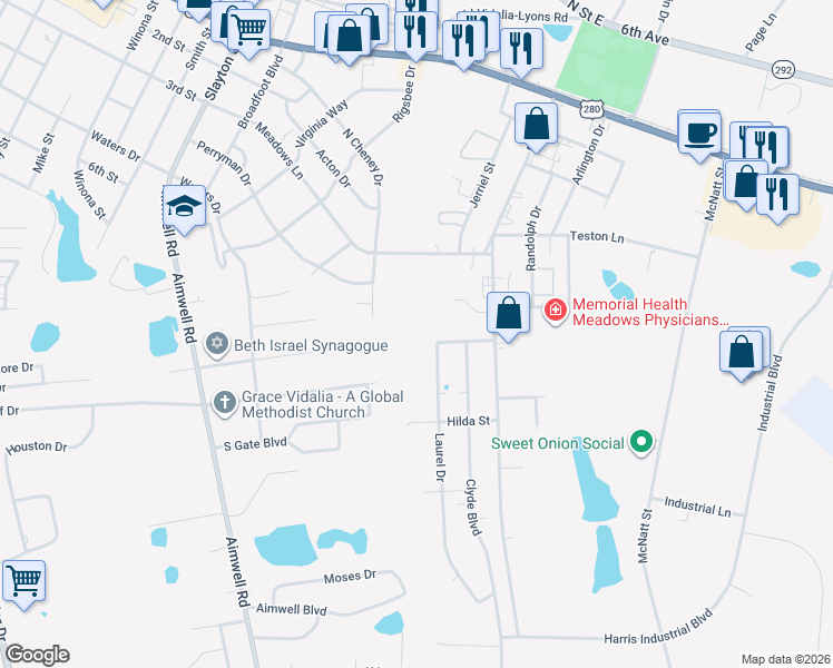 map of restaurants, bars, coffee shops, grocery stores, and more near 701 Laurel Drive in Vidalia
