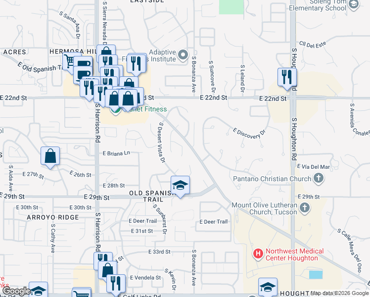 map of restaurants, bars, coffee shops, grocery stores, and more near 9868 East Spanish Flower Court in Tucson