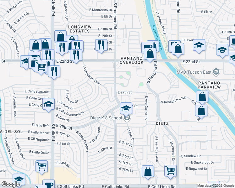 map of restaurants, bars, coffee shops, grocery stores, and more near 1601 South Prudence Road in Tucson