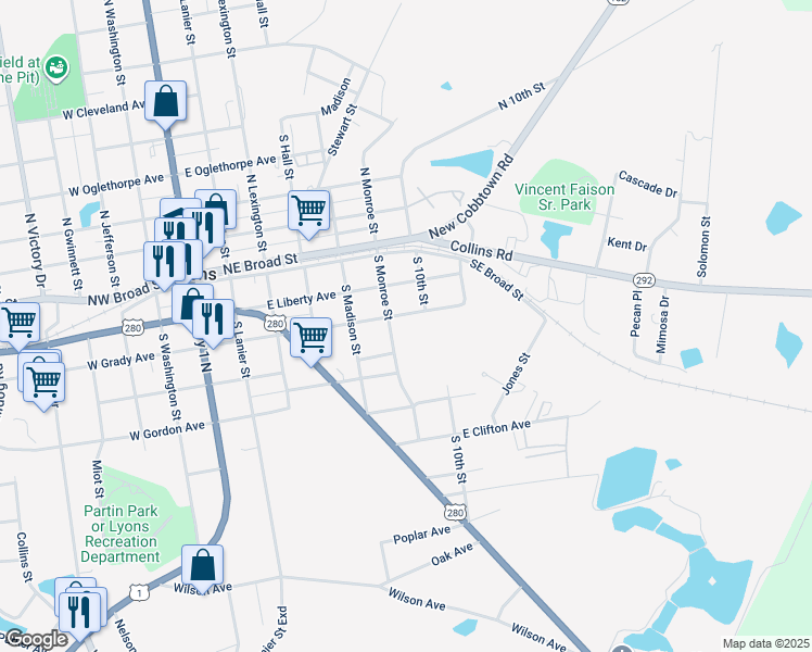 map of restaurants, bars, coffee shops, grocery stores, and more near 216-236 South Monroe Street in Lyons