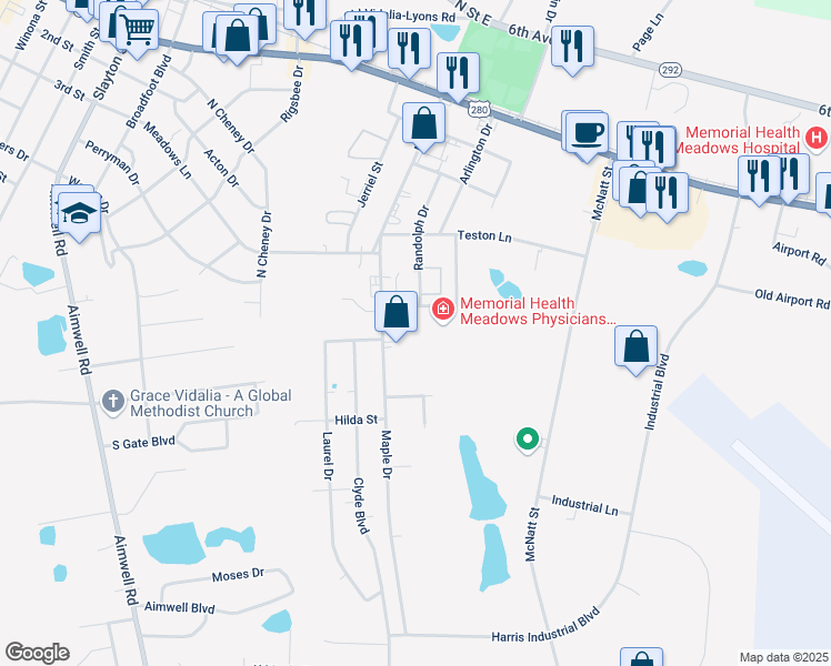 map of restaurants, bars, coffee shops, grocery stores, and more near 700 Maple Drive in Vidalia