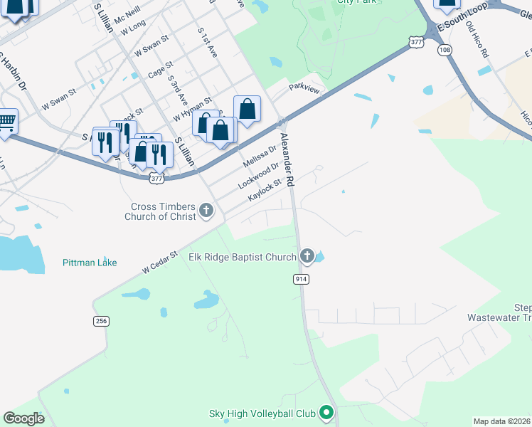 map of restaurants, bars, coffee shops, grocery stores, and more near Bowman Ridge Road in Stephenville