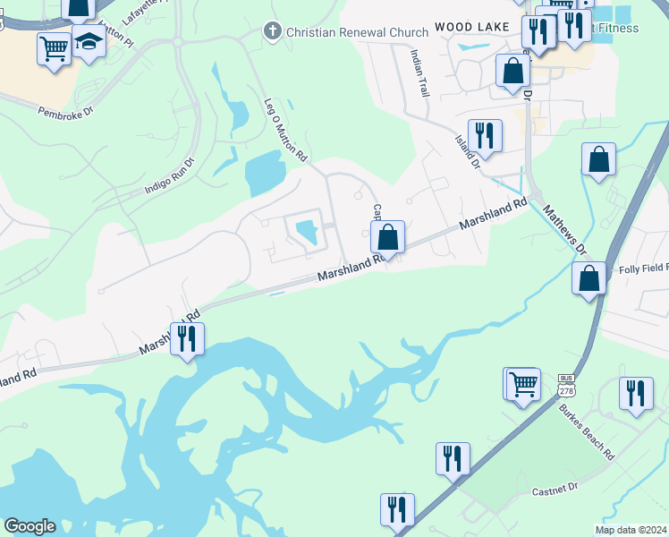 map of restaurants, bars, coffee shops, grocery stores, and more near 49 Marshland Road in Hilton Head Island