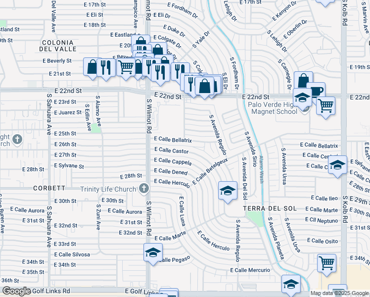 map of restaurants, bars, coffee shops, grocery stores, and more near 6410 East Calle Castor in Tucson