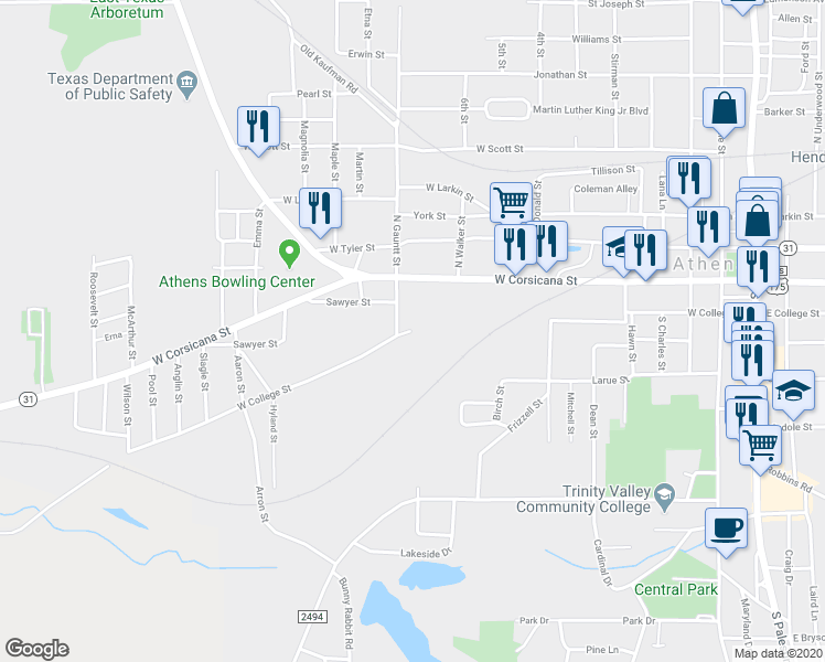 map of restaurants, bars, coffee shops, grocery stores, and more near 601 West College Street in Athens