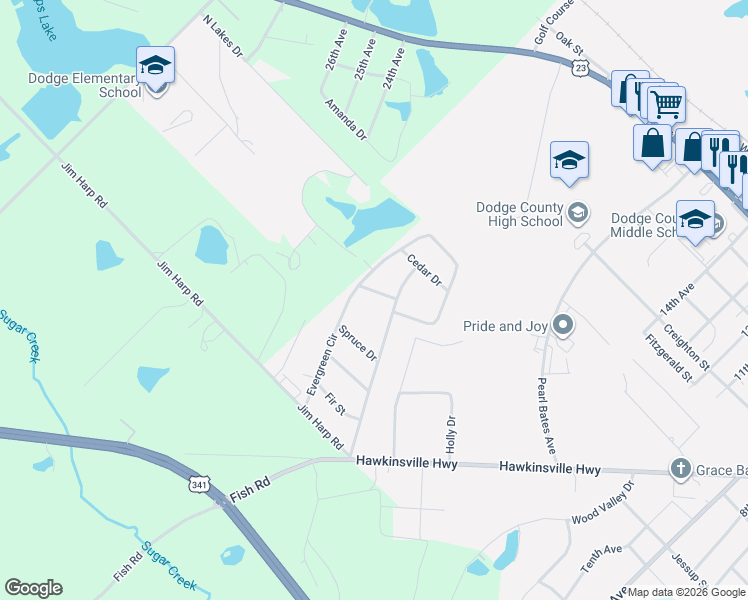 map of restaurants, bars, coffee shops, grocery stores, and more near 1101-1199 Evergreen Cir in Eastman