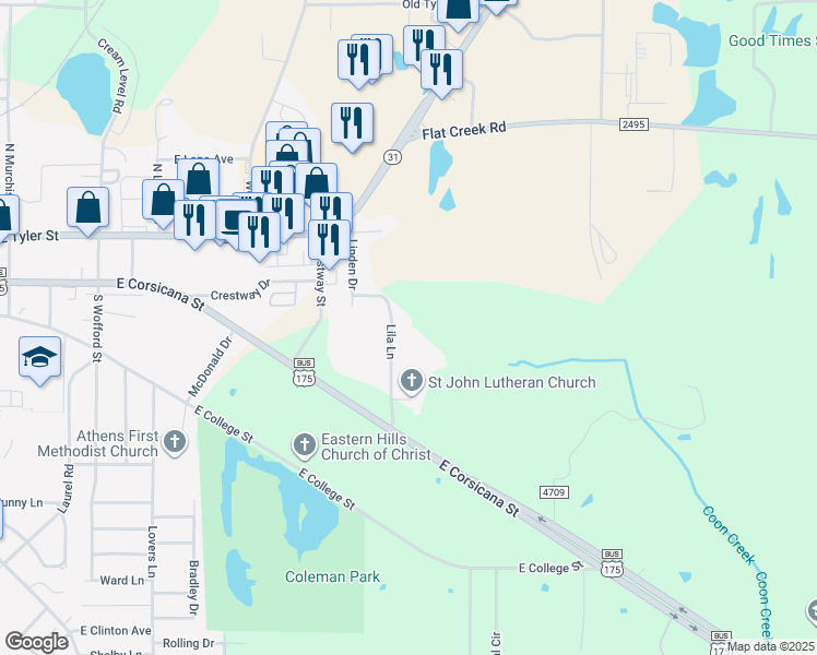 map of restaurants, bars, coffee shops, grocery stores, and more near 400 Lila Lane in Athens
