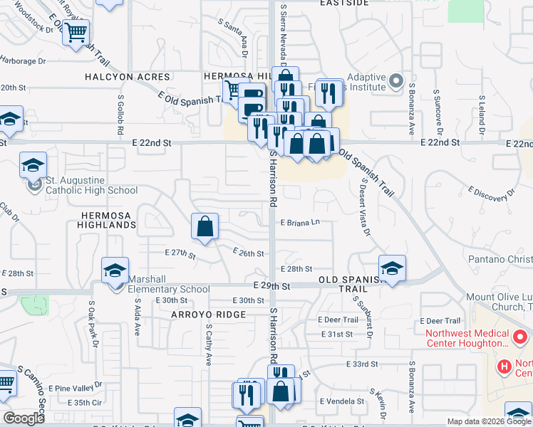 map of restaurants, bars, coffee shops, grocery stores, and more near 1600 South Harrison Road in Tucson