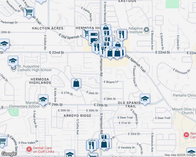 map of restaurants, bars, coffee shops, grocery stores, and more near 1600 South Harrison Road in Tucson