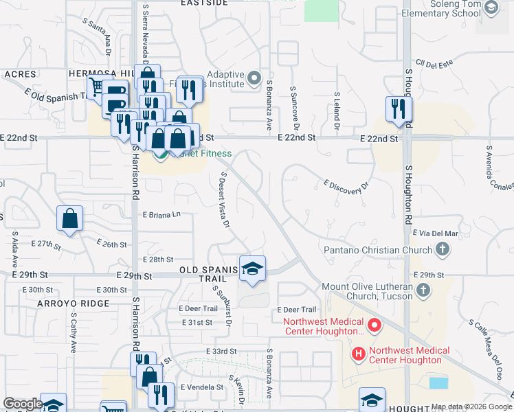 map of restaurants, bars, coffee shops, grocery stores, and more near 9849 East Spanish Flower Court in Tucson
