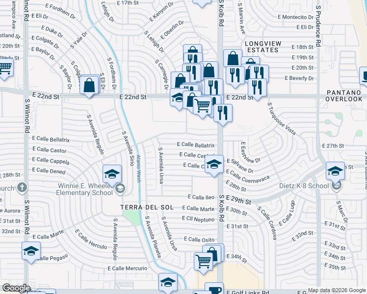map of restaurants, bars, coffee shops, grocery stores, and more near 6958 East Calle Bellatrix in Tucson