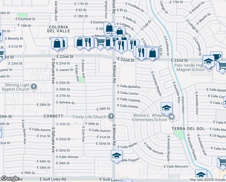 map of restaurants, bars, coffee shops, grocery stores, and more near 1620 South Wilmot Road in Tucson