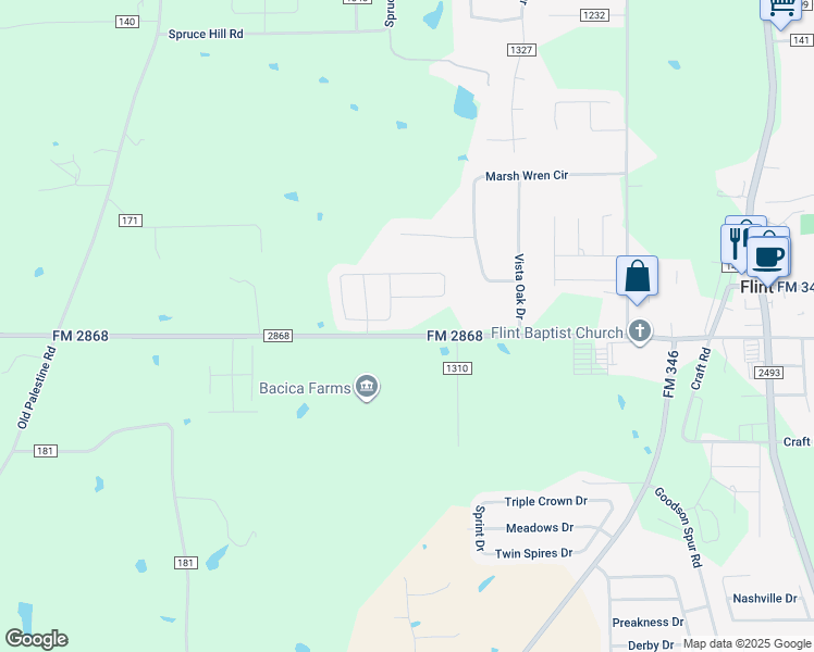 map of restaurants, bars, coffee shops, grocery stores, and more near 11654 FM 2868 in Flint