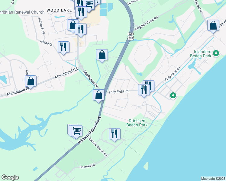 map of restaurants, bars, coffee shops, grocery stores, and more near 8 Azalea Street in Hilton Head Island