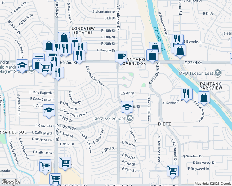 map of restaurants, bars, coffee shops, grocery stores, and more near 7512 East 25th Street in Tucson
