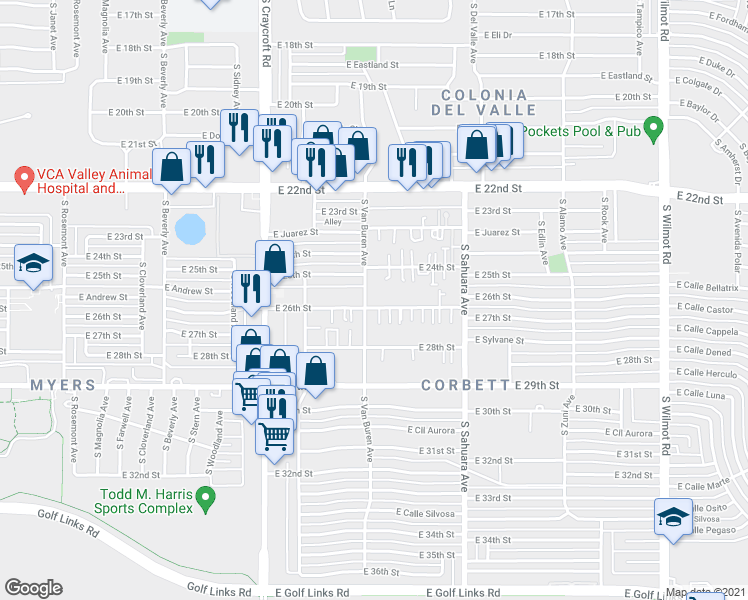 map of restaurants, bars, coffee shops, grocery stores, and more near 5674 East 25th Street in Tucson