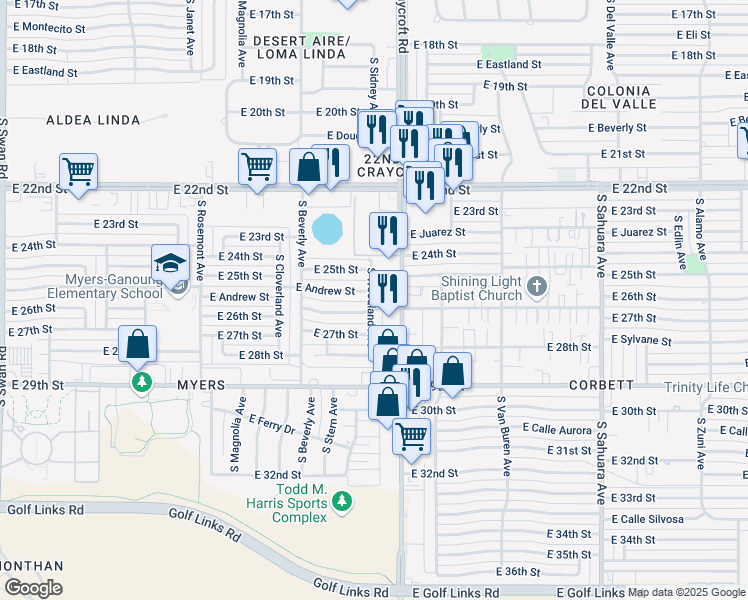 map of restaurants, bars, coffee shops, grocery stores, and more near 5409 East Andrew Street in Tucson