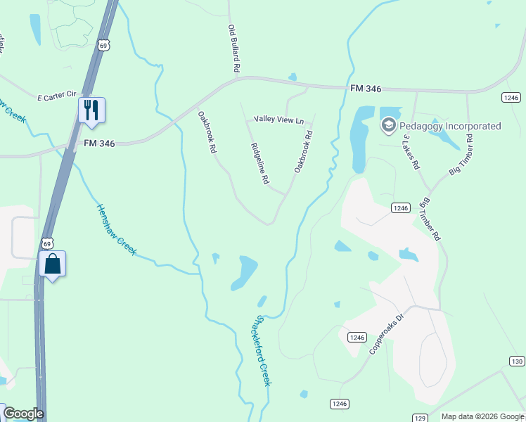 map of restaurants, bars, coffee shops, grocery stores, and more near 19041 Oakbrook Road in Tyler