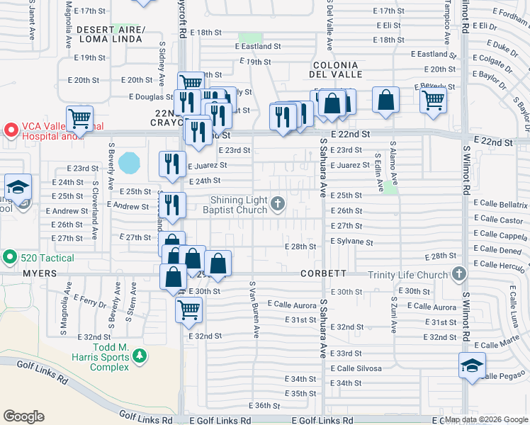 map of restaurants, bars, coffee shops, grocery stores, and more near 5724 East 24th Street in Tucson