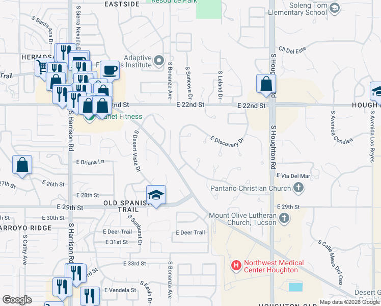 map of restaurants, bars, coffee shops, grocery stores, and more near 9925 East Troy Place in Tucson