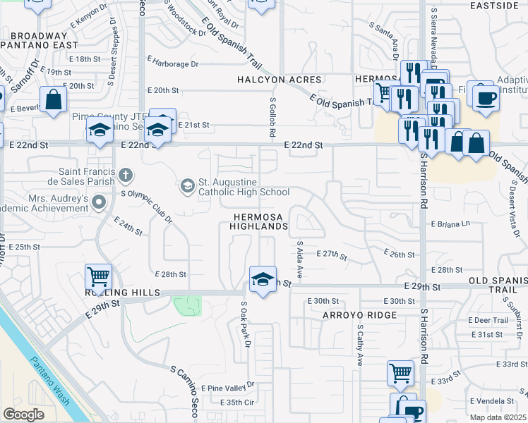 map of restaurants, bars, coffee shops, grocery stores, and more near 9050 East Palm Tree Drive in Tucson