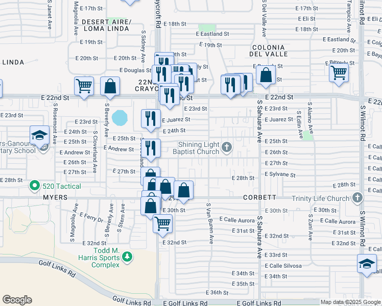 map of restaurants, bars, coffee shops, grocery stores, and more near 5626 East 25th Street in Tucson