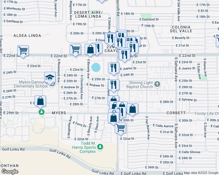 map of restaurants, bars, coffee shops, grocery stores, and more near 5409 East Andrew Street in Tucson