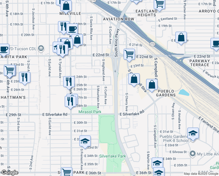 map of restaurants, bars, coffee shops, grocery stores, and more near 1305 East 25th Street in Tucson