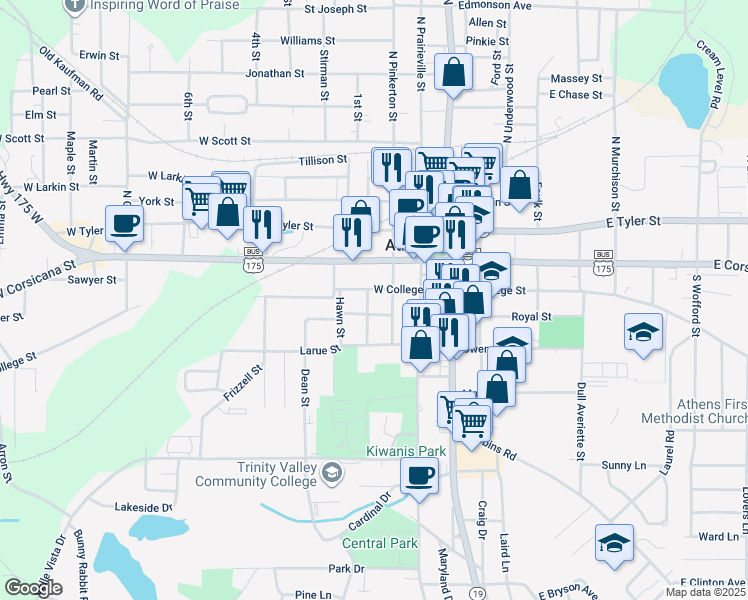 map of restaurants, bars, coffee shops, grocery stores, and more near 302 West College Street in Athens