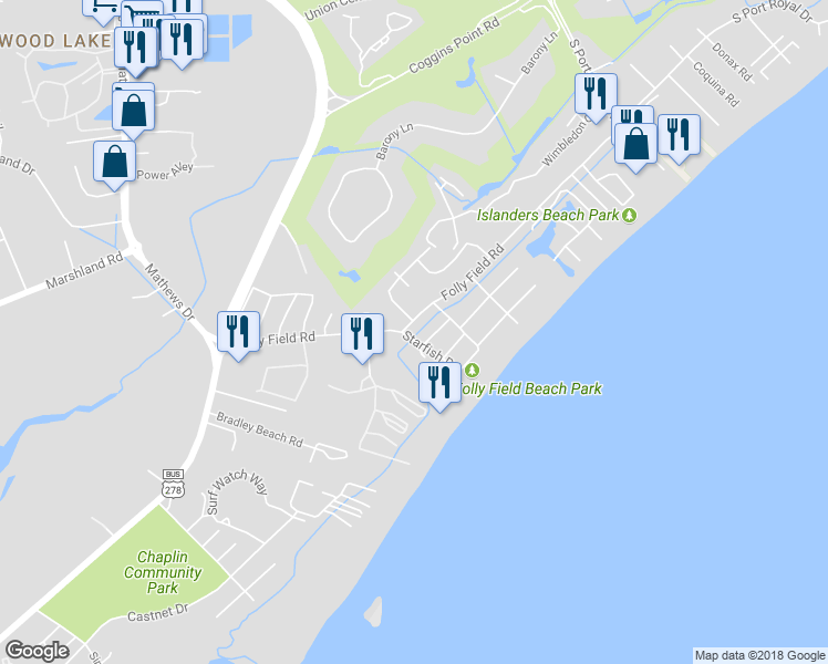 map of restaurants, bars, coffee shops, grocery stores, and more near 1 Starfish Dr in Hilton Head Island