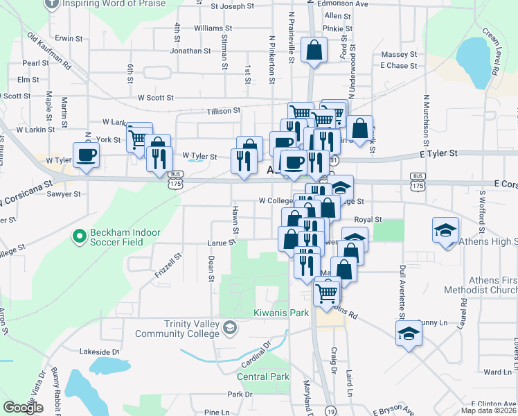 map of restaurants, bars, coffee shops, grocery stores, and more near 302 West College Street in Athens