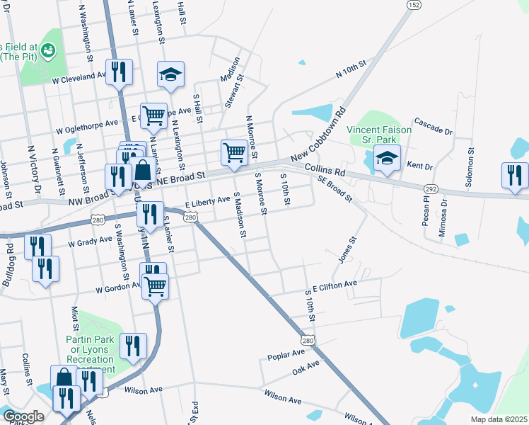 map of restaurants, bars, coffee shops, grocery stores, and more near 216 South Monroe Street in Lyons