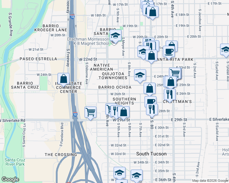 map of restaurants, bars, coffee shops, grocery stores, and more near 211 West 25th Street in Tucson