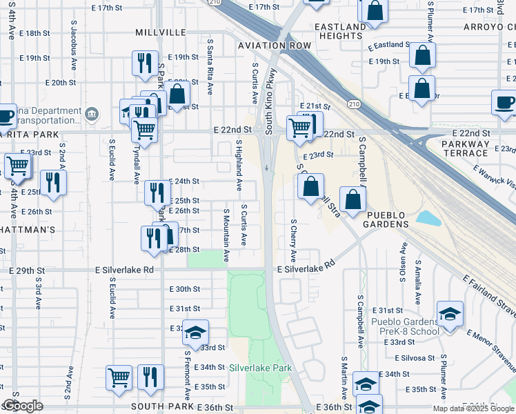 map of restaurants, bars, coffee shops, grocery stores, and more near 1428 East 25th Street in Tucson