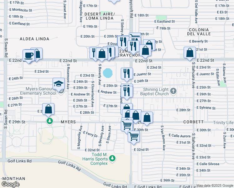 map of restaurants, bars, coffee shops, grocery stores, and more near 5410 East Andrew Street in Tucson