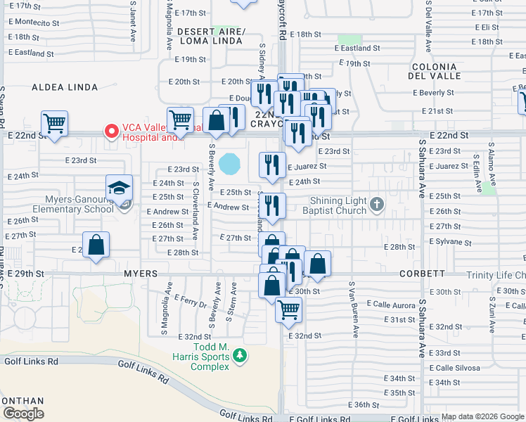 map of restaurants, bars, coffee shops, grocery stores, and more near 5409 East Andrew Street in Tucson