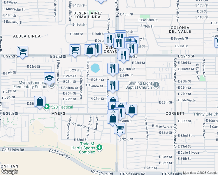 map of restaurants, bars, coffee shops, grocery stores, and more near 5409 East Andrew Street in Tucson