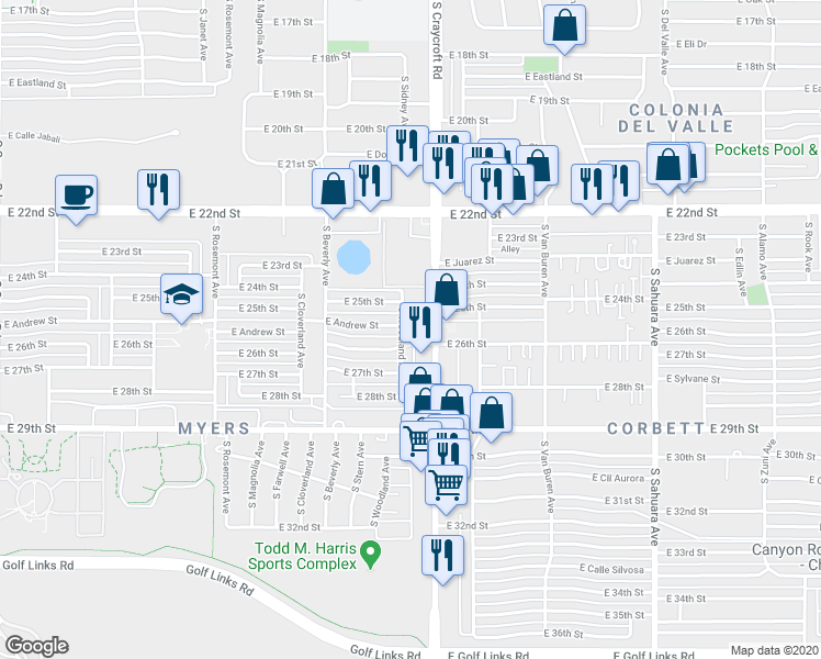 map of restaurants, bars, coffee shops, grocery stores, and more near 1440 South Craycroft Road in Tucson