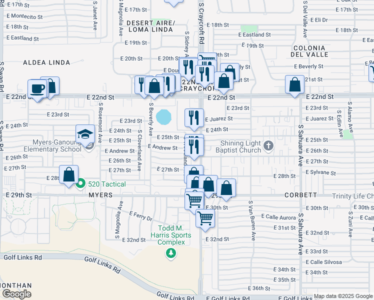 map of restaurants, bars, coffee shops, grocery stores, and more near 5409 East Andrew Street in Tucson