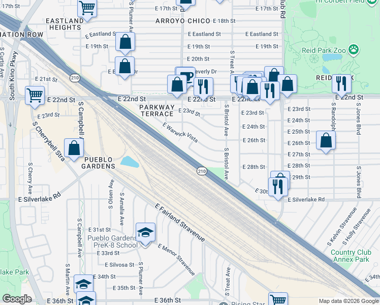 map of restaurants, bars, coffee shops, grocery stores, and more near 2608 East Warwick Vista in Tucson
