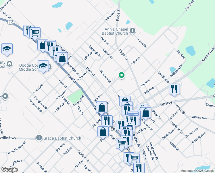 map of restaurants, bars, coffee shops, grocery stores, and more near 5412 Norman Street in Eastman