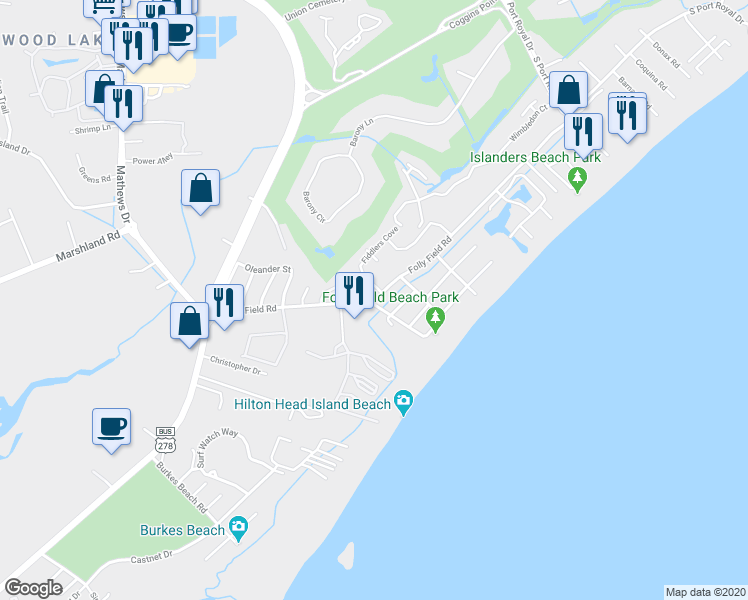 map of restaurants, bars, coffee shops, grocery stores, and more near 43 Folly Field Road in Hilton Head Island