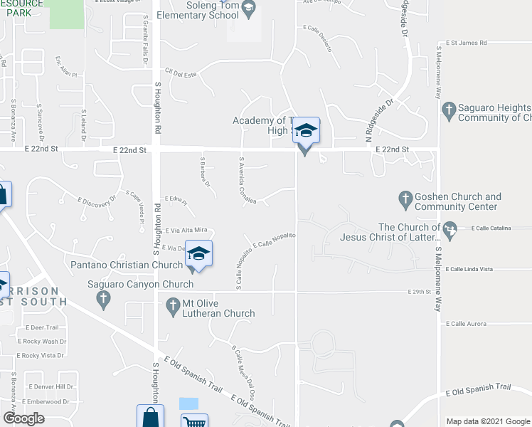 map of restaurants, bars, coffee shops, grocery stores, and more near 1340 South Avenida Conalea in Tucson