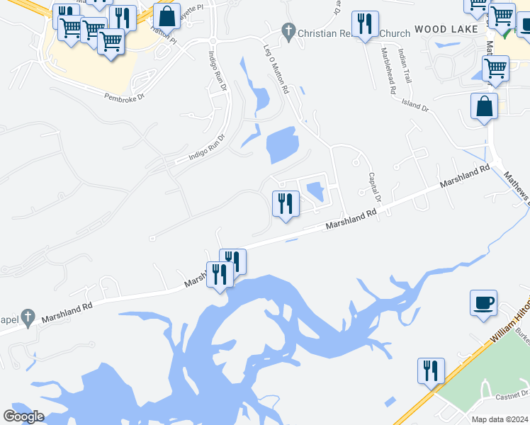 map of restaurants, bars, coffee shops, grocery stores, and more near 48 Sussex Ln in Hilton Head Island