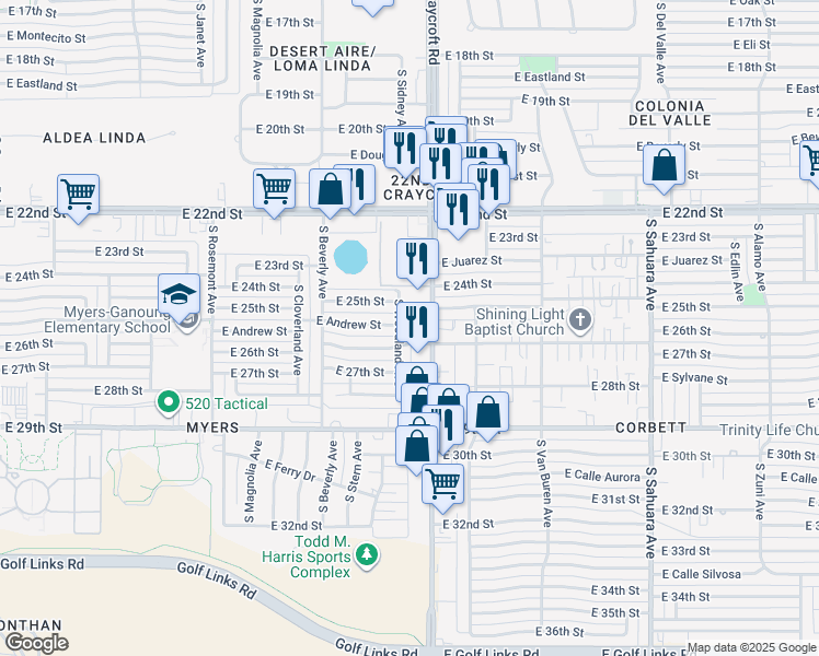 map of restaurants, bars, coffee shops, grocery stores, and more near 1440 South Craycroft Road in Tucson
