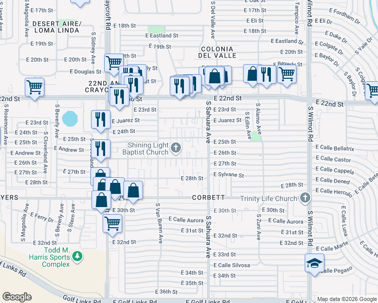 map of restaurants, bars, coffee shops, grocery stores, and more near 5813 East 26th Street in Tucson