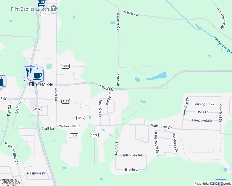 map of restaurants, bars, coffee shops, grocery stores, and more near 10147 FM 346 in Flint